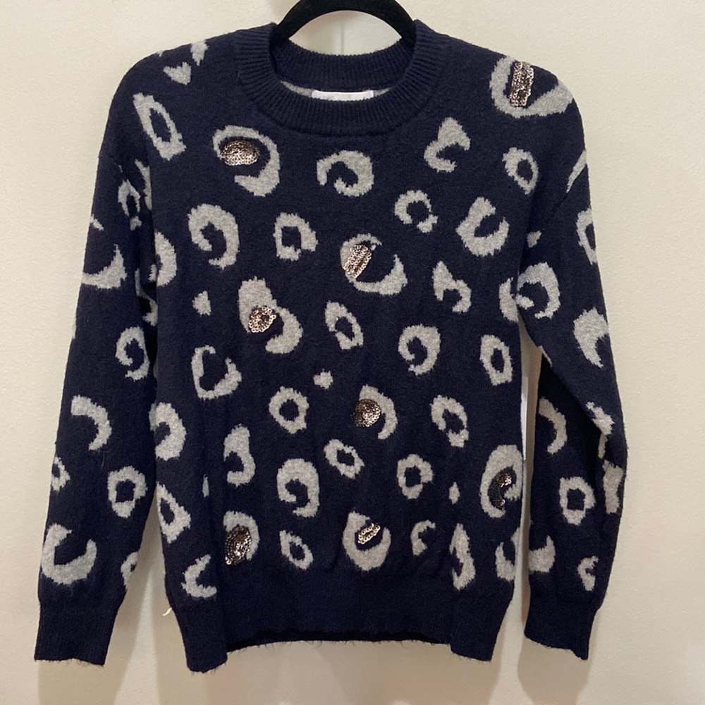 navy leopard print sweater with sequin detail - XS